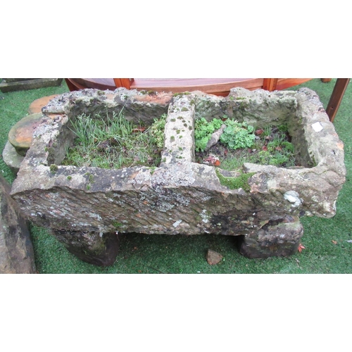 2238 - The Grange Goathland - Twin compartment sandstone trough, on stone plinths, 89cm x 46cm, compartment... 