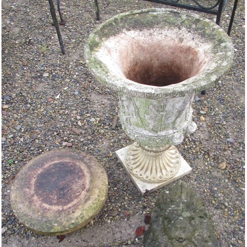 2311 - Lion headed water fountain, reconstituted garden urn with Greco-Roman design and a chimney cowl