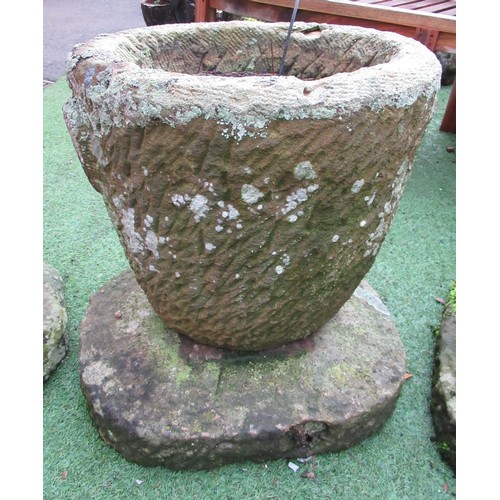 2233 - The Grange Goathland - Unusual sandstone urn with carved handles and oval body, on plinth base measu... 