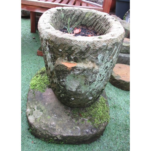 2233 - The Grange Goathland - Unusual sandstone urn with carved handles and oval body, on plinth base measu... 