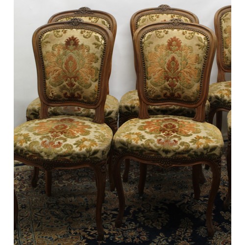 1407 - Set of six early C20th continental walnut framed dining chairs with upholstered seats and backs, wit... 