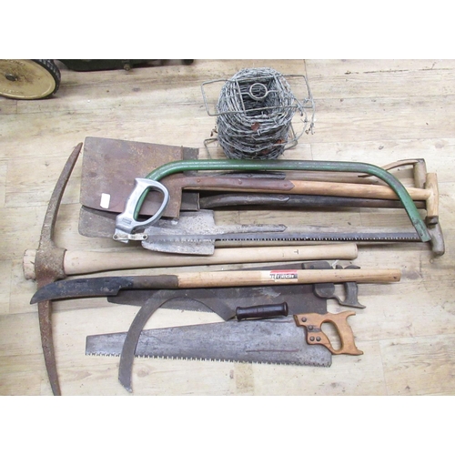 2270 - The Grange Goathland - Collection of various tools including saws, pickaxe, spades, shovels, roll of... 