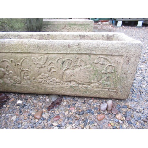 2287 - Pair of reconstituted stone planters, with hedgehog, sparrow and flowers design, 61cm x 20cm x 20cm