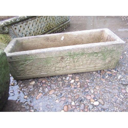 2287 - Pair of reconstituted stone planters, with hedgehog, sparrow and flowers design, 61cm x 20cm x 20cm