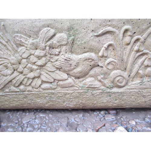 2287 - Pair of reconstituted stone planters, with hedgehog, sparrow and flowers design, 61cm x 20cm x 20cm