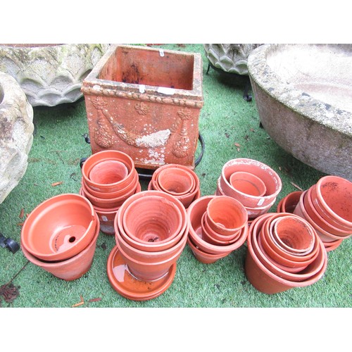 2330 - Square terracotta planter, H26cm W26cm, and a collection of small terracotta plant pots