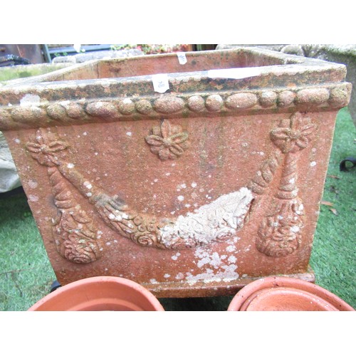 2330 - Square terracotta planter, H26cm W26cm, and a collection of small terracotta plant pots