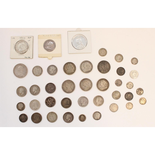 614 - Selection of GB Geo. III to QV silver content coinage, half crown through threepence.  Silver weight... 