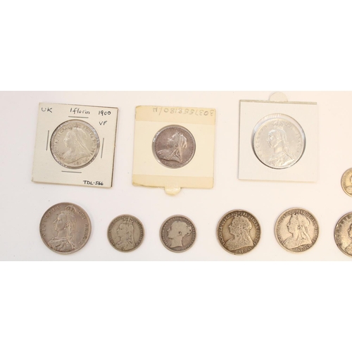 614 - Selection of GB Geo. III to QV silver content coinage, half crown through threepence.  Silver weight... 