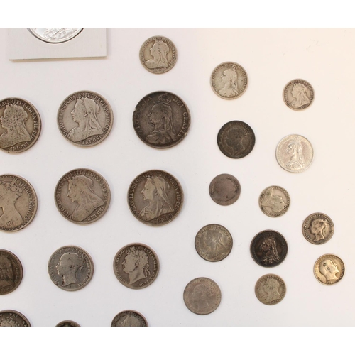 614 - Selection of GB Geo. III to QV silver content coinage, half crown through threepence.  Silver weight... 