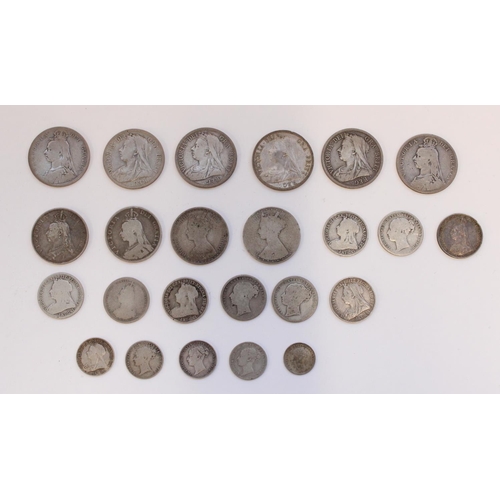 623 - C19th GB silver content coinage, all Queen Victoria, denoms threepence through to half crown, gross ... 