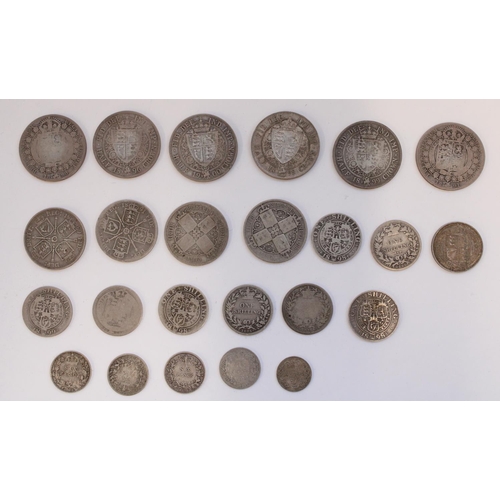 623 - C19th GB silver content coinage, all Queen Victoria, denoms threepence through to half crown, gross ... 