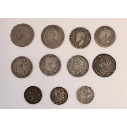 624 - Eleven Geo. I to Geo. IV British silver shillings and sixpences, highlights 1723 SSC shilling, 1758 ... 