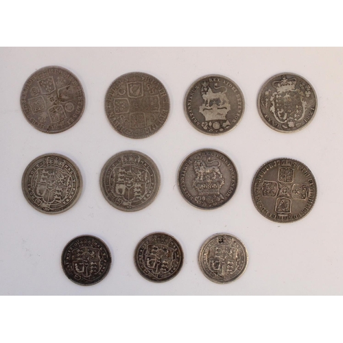 624 - Eleven Geo. I to Geo. IV British silver shillings and sixpences, highlights 1723 SSC shilling, 1758 ... 