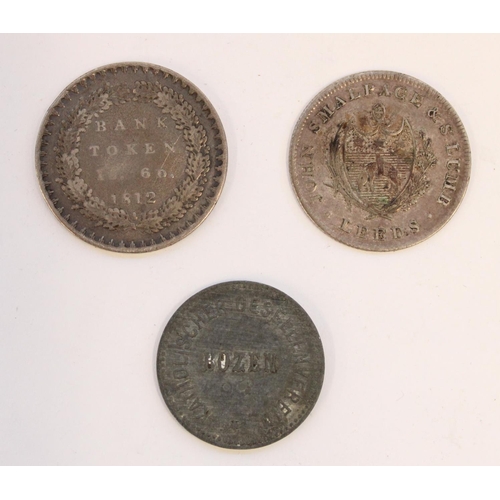 625 - 1812 John Smalpage and Slumb of Leeds shilling token, Geo. III 1812 Bank token and a German 1 Fruhst... 