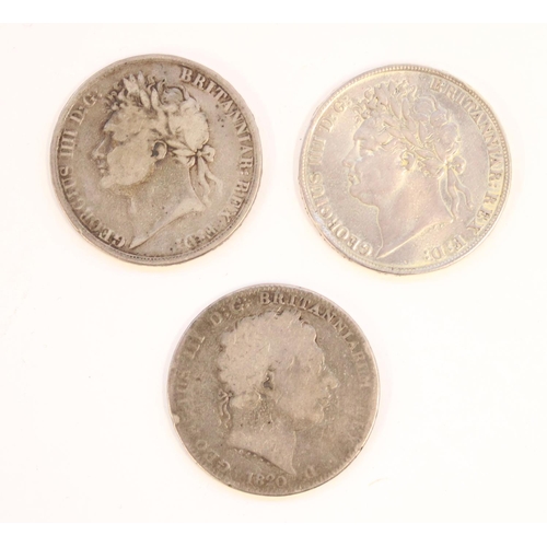 626 - 1820 Geo. III silver crown and two 1821 Geo. IV silver crowns, gross 82g