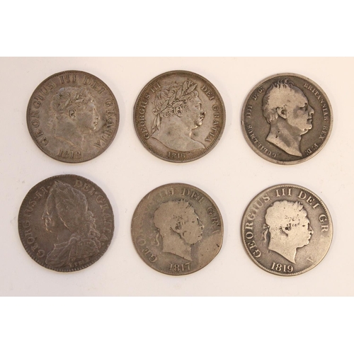 627 - 1745 Geo. II Lima half crown, four Geo. III silver half crowns and a Geo. IV half crown, gross 82.6g