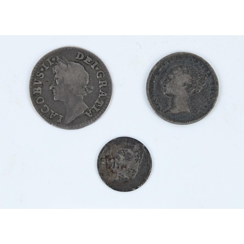 634 - 1838 Queen Victoria 1 1/2 pence, 1842 QV four pence and a 1686 James II Maundy four pence coin