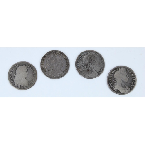 635 - 1671 Charles II half crown, 1693 William and Mary half crown, 1698 William III half crown and anothe... 