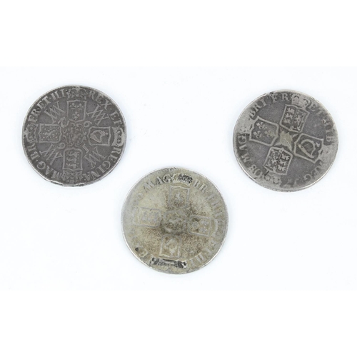 636 - 1696 William III silver crown, 1692 William and Mary silver crown and a 1708 Queen Anne crown