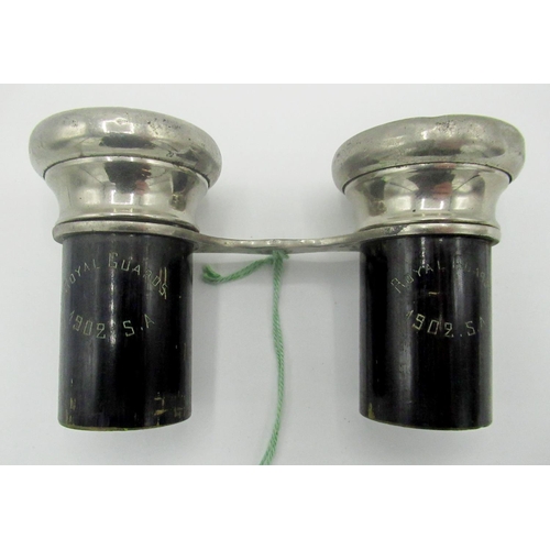 197 - Pair of binoculars inscribed 'Royal Guards 1902 S.A.' (lacking screw)