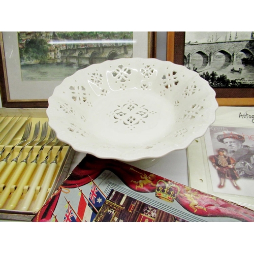 198 - Blue and cream glass vase and bowl, Hornsea lidded pots, Leedsware cream cake stand, silver plated c... 