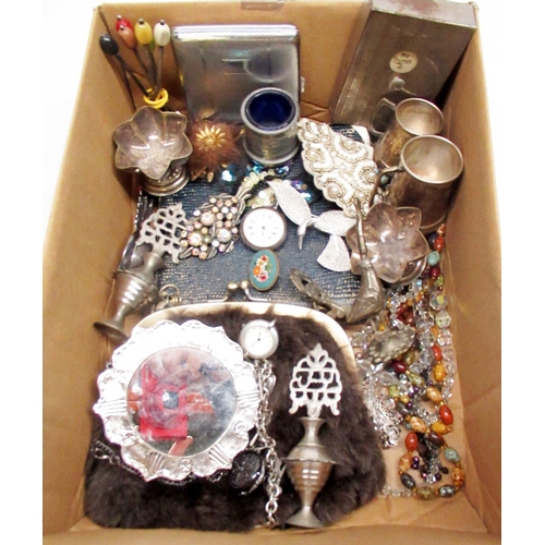 304 - Costume jewellery including brooches, silver plated items including teaspoons, Indian white metal it... 