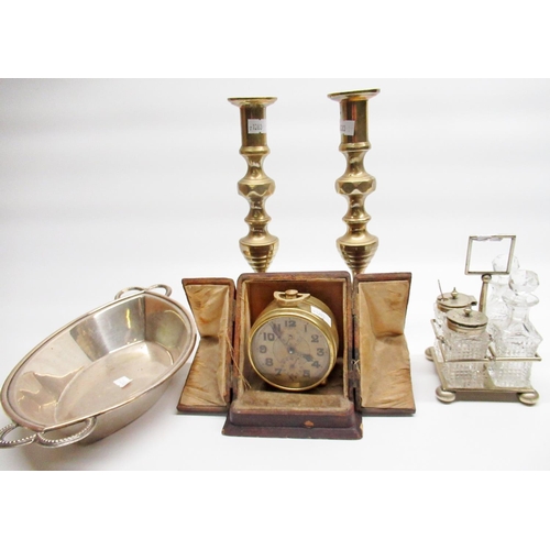 313 - Zenith Watch Co brass cased alarm clock with travel case, pair of c19th brass push up candlesticks, ... 