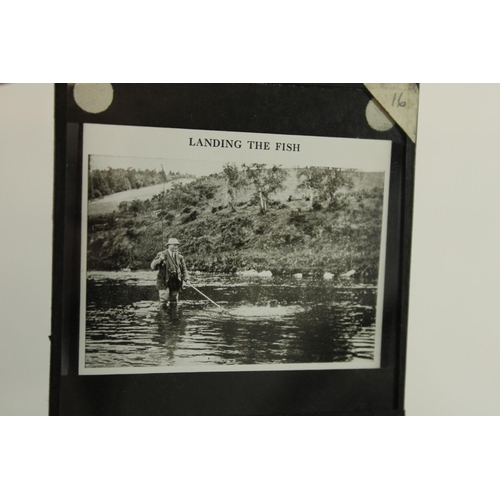 329 - Collection early to mid C20th magic lantern monochrome slides, all related to fishing and including ... 