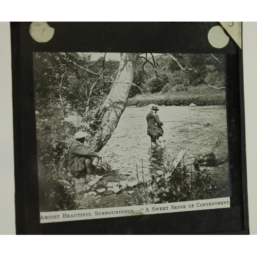 329 - Collection early to mid C20th magic lantern monochrome slides, all related to fishing and including ... 