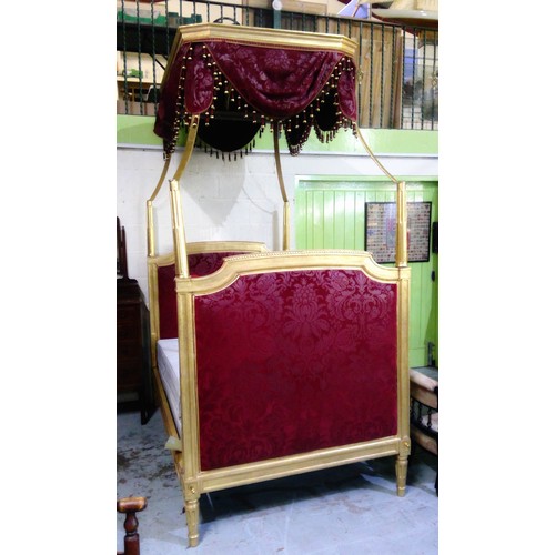 1390 - Louis XVI style carved giltwood tester bed, padded arch-topped head and foot boards with gadrooned t... 