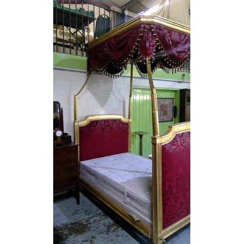 1390 - Louis XVI style carved giltwood tester bed, padded arch-topped head and foot boards with gadrooned t... 