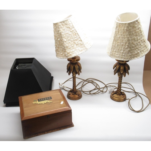 163 - Pair of modern gilt lamps styled as Coconut trees with shades, 4 black lamp shades, a Savana cigars ... 