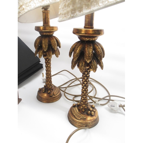 163 - Pair of modern gilt lamps styled as Coconut trees with shades, 4 black lamp shades, a Savana cigars ... 