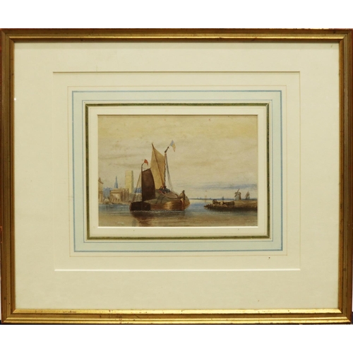 103 - Continental School (early C19th); Fishing Boat in a Harbour, watercolour, 12.5cm x 18cm