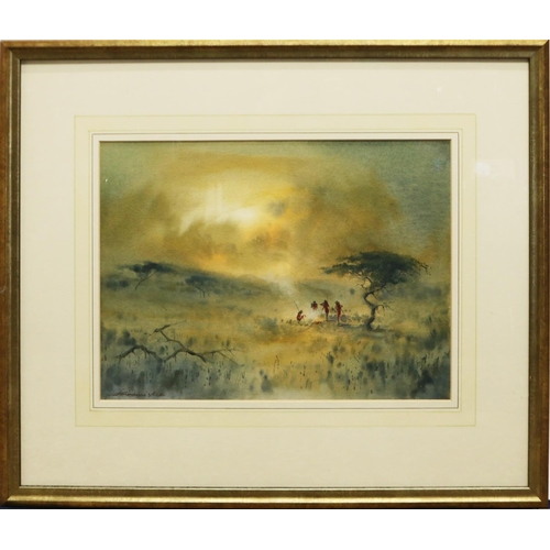 111 - Jonathan Yule (British C20th); 'Nightfall' Tribal figures by a campfire in a landscape, watercolour,... 