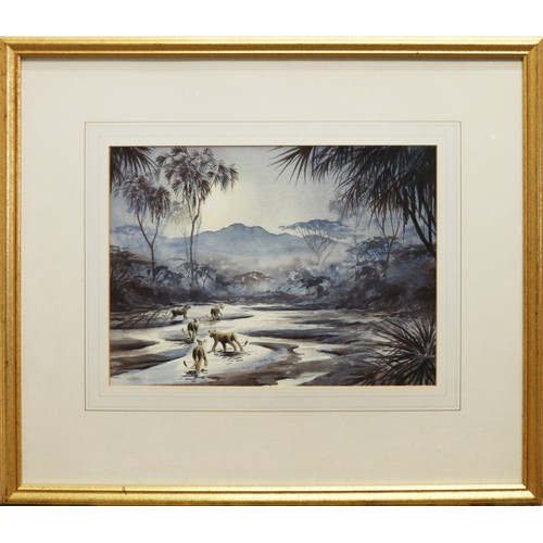 112 - Jonathan Yule (British C20th); 'Moonlight Hunters Samburu' watercolour, signed, 27cm x 36cm, with Ex... 