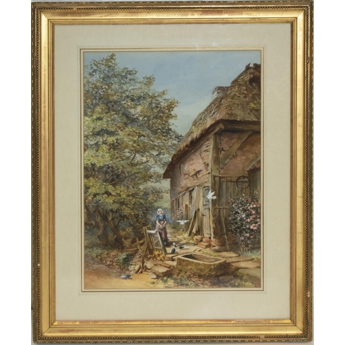 118 - T. Rodgers (British C19th); Peasant girl feeding birds in cottage garden, watercolour, signed and da... 