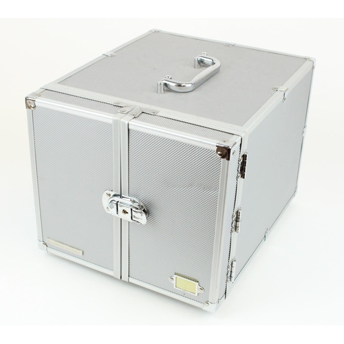 638 - Leuchtturm Aluminium exterior coin cabinet case, with carrying handle, twin doors opening to reveal ... 