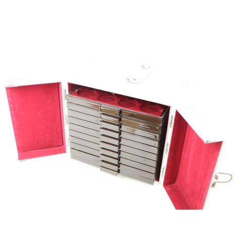 638 - Leuchtturm Aluminium exterior coin cabinet case, with carrying handle, twin doors opening to reveal ... 