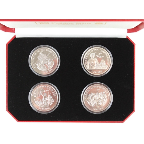 644 - Set of four Pobjoy Mint 1998 Isle of Man historical events commemorative crowns, all encapsulated in... 