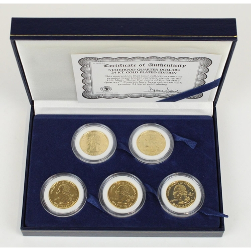 649 - Morgan Mint 1999 Statehood Quarter Dollars gold plated edition coins, encapsulated with original box... 