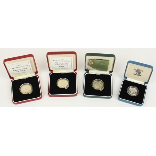 650 - Four Royal Mint silver proof coins to inc. 1998 £2, 1997 £2, 2000 £1 and 2003 double helix £2.  All ... 