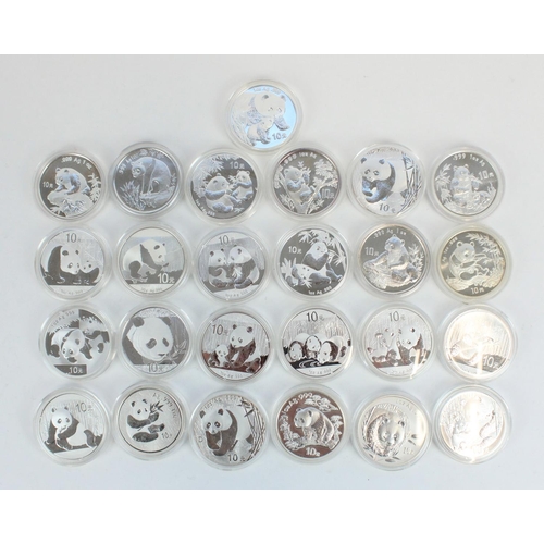 653 - Collection of twenty five Chinese Panda 10 Yuan 1 oz Ag .999 silver coins, all encapsulated, date ra... 