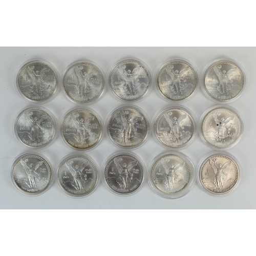 655 - Fifteen 1 oz .999 Mexican silver Plata Pura Ley coins, date range 1982 through 1995 (year 1994 dupli... 