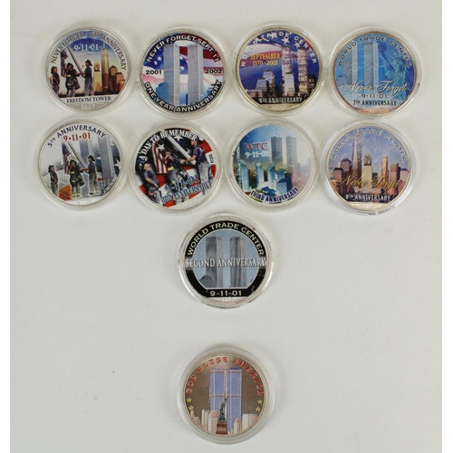 660 - Nine USA 9/11 World Trade Center related 1oz fine silver eagle .999 $1 USD coins with colour decorat... 