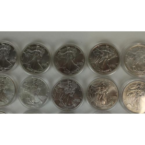 663 - 33 USA 1oz fine silver eagle dollars $1 USD, date ranges 1986 through 2016 (2005 and 2006 duplicated... 