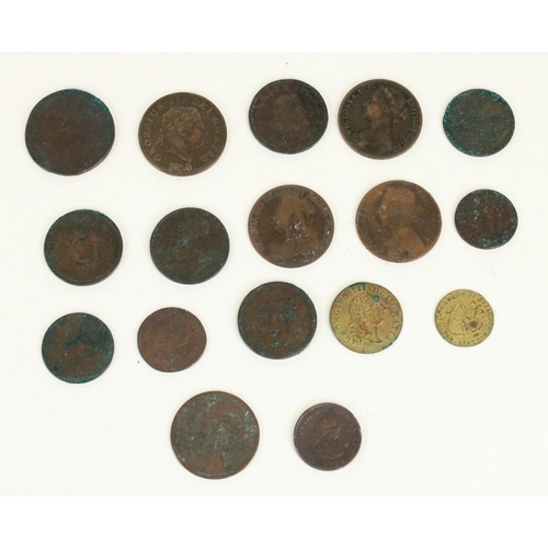 668 - Small selection of early GB and world copper and bronze coinage/tokens, includes USA 1838 one cent