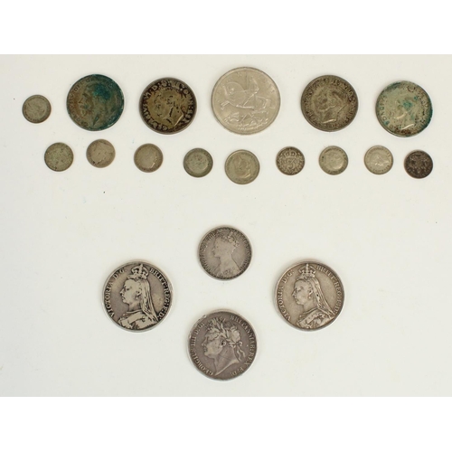 671 - Selection of post-1920 silver content coinage, three pence through crown together with two QV silver... 