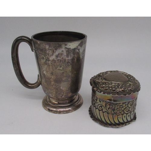 80 - ER. II hallmarked Sterling silver mug by Walker & Hall, Sheffield, and an Edw. VII silver lidded jar... 